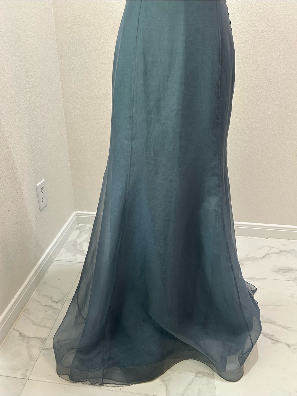 Lela Rose Slate Blue Evening Gown with Ruffled V-Neck, 100% Silk Organza Dress - Picture 5 of 15